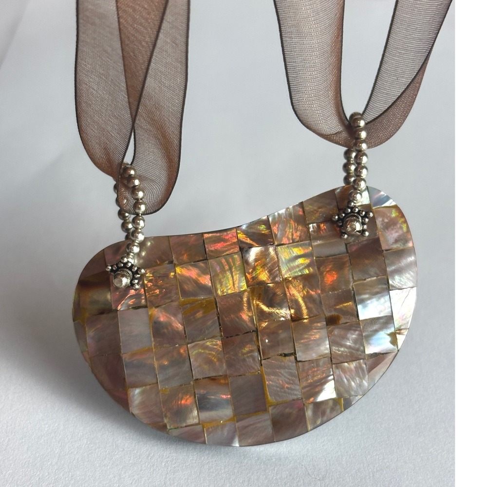 Vintage Sterling Silver 925 Mother of Pearl Mosaic Bib Necklace Brown Ribbon